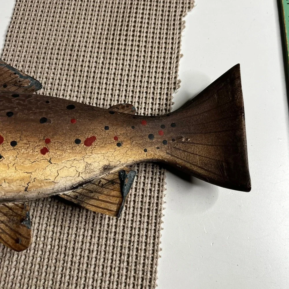 Vintage Hand Carved Wooden Brown Trout Fish Decoy Folk Art Rustic Cabin Decor